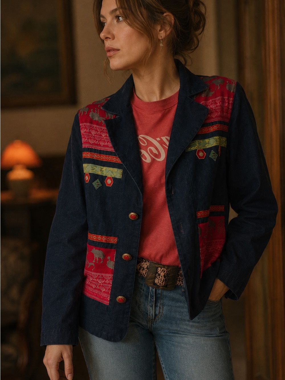 Vintage Gepetto Southwestern Boho Ethnic Indian Cowboy Embroidered Denim Blazer